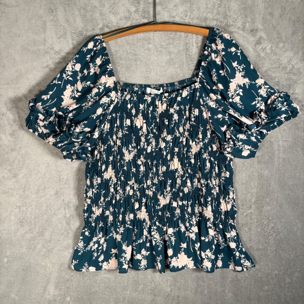Sweet Rain Womens 3X Smocked Square Neck Floral Puff Sleeve Peplum Top Teal Pink